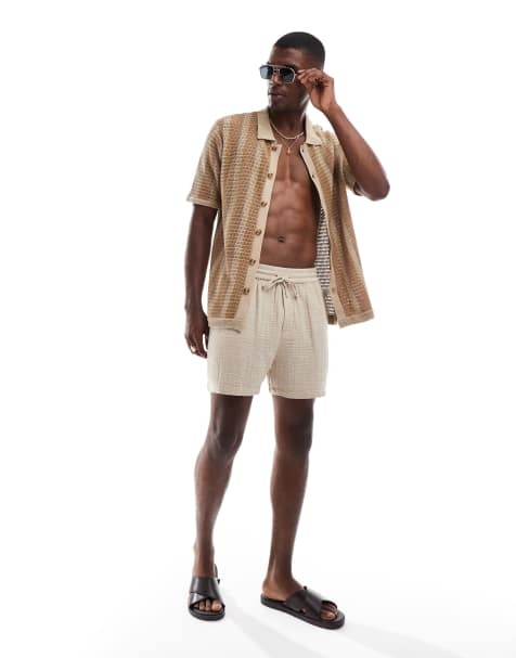 Goldsboro crochet revere shirt in beige stripe