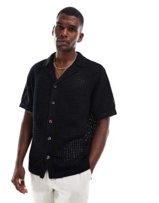 crochet camp collar shirt in black