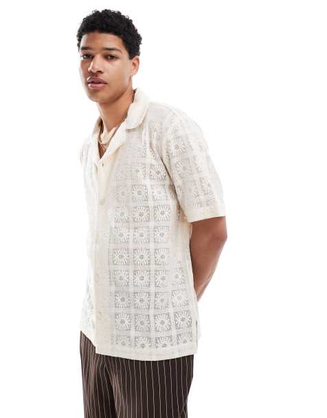 Goldsboro crochet motif resort shirt in stone - view 1