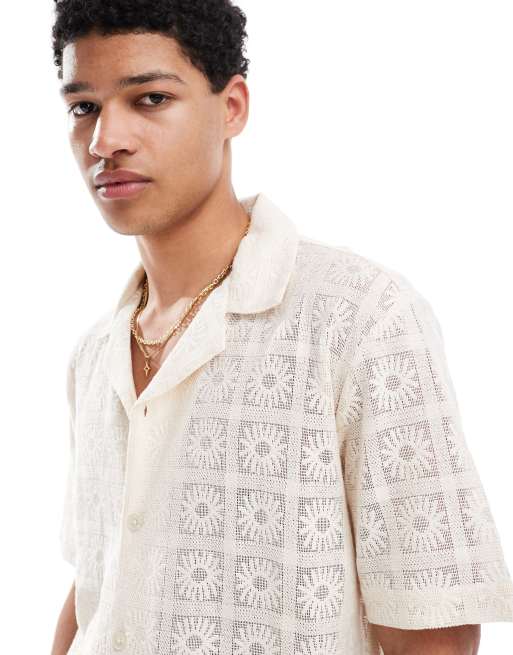 Goldsboro crochet motif resort shirt in stone