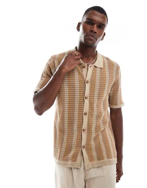 Goldsboro crochet revere shirt in beige stripe, 2 of 4