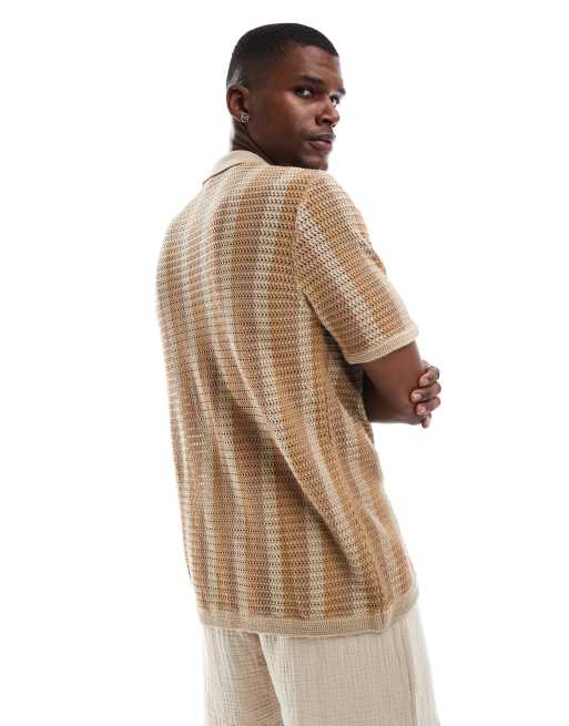 Goldsboro crochet revere shirt in beige stripe, 3 of 4