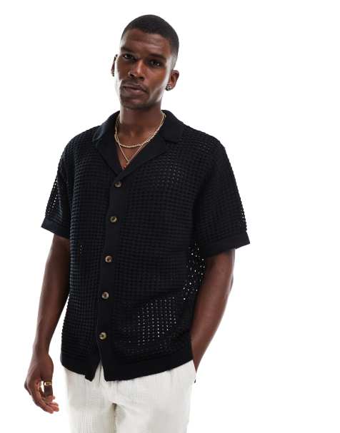Goldsboro crochet revere shirt in black - view 1