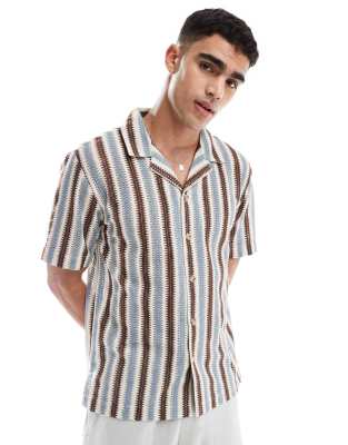 Goldsboro crochet revere shirt in brown and blue stripe - view 1