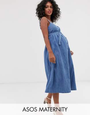 фото Голубое джинсовое платье миди с поясом asos design maternity-синий asos maternity