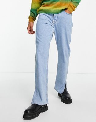 фото Голубые выбеленные джинсы прямого кроя с разрезами по низу штанин asos design-голубой
