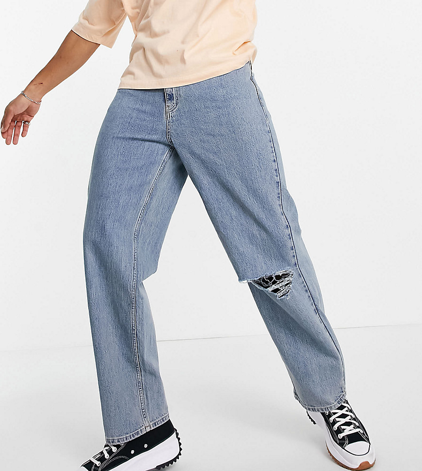 фото Голубые выбеленные широкие джинсы в стиле 90-х с рваной отделкой collusion x014-голубой