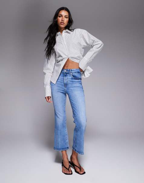 Good American always fits good legs cropped mini boot jeans in mid blue - view 1