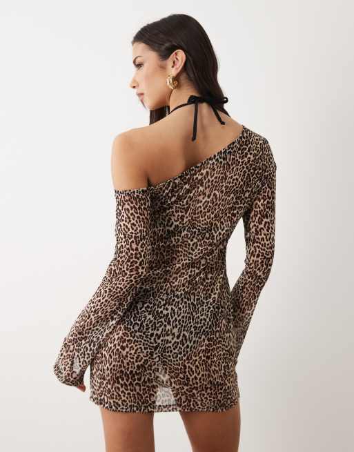 Good American - Asymmetrisk minikjole i mesh med lange ærmer og leopardprint, 3 af 4