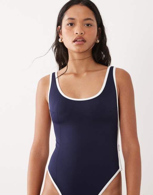 Good American – Badeanzug in Marineblau und Weiß im College-Stil, 2 von 4
