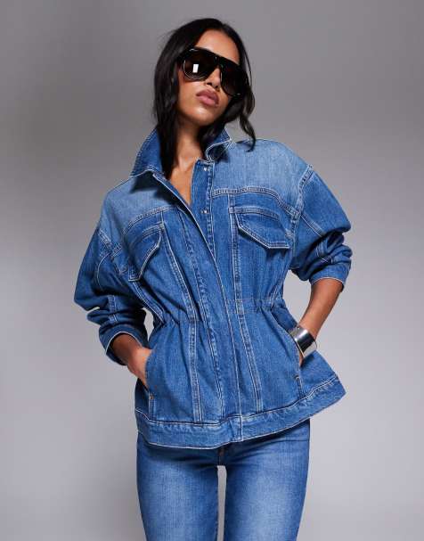 Good American barrel sleeve denim jacket in mid wash blue - view 1