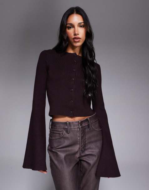 Good American bell sleeve knit cardigan in dark brown - view 1