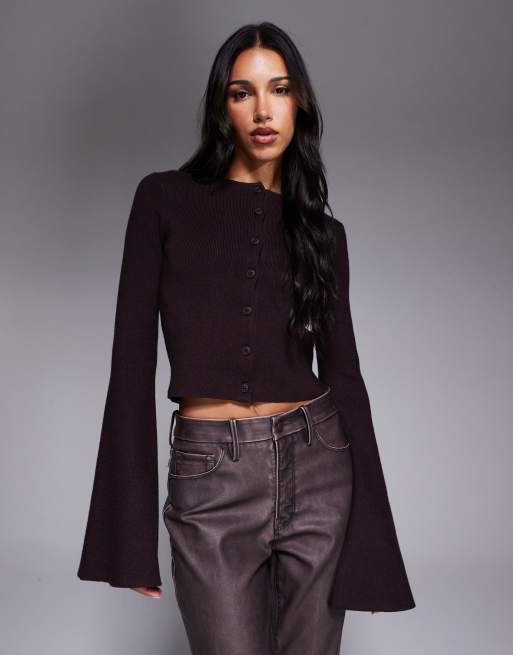 Good American bell sleeves knit cardigan in dark brown