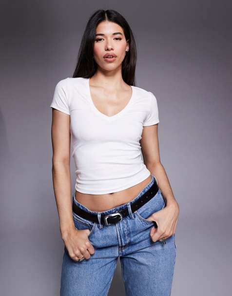 Good American – Biały krótki i obcisły T-shirt z czystej bawełny z dekoltem w kształcie litery V - view 1