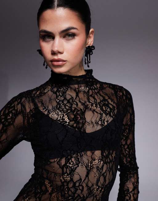 Good American – Body aus Spitze in Schwarz mit Stehkragen, 4 von 4