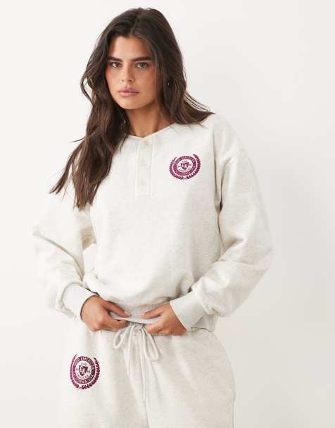 Good American brushed fleece henley co-ord in oatmeal - view 1