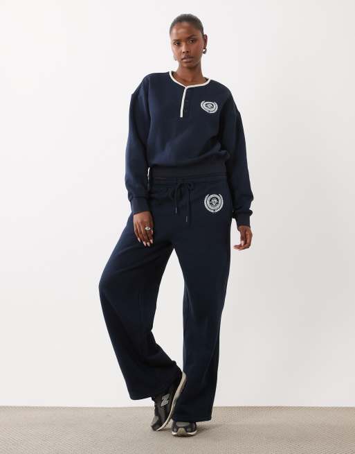 Good American brushed fleece long sleeve henley top co-ord in navy, 2 of 4