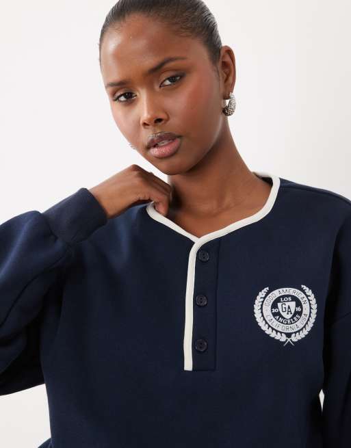 Good American brushed fleece long sleeve henley top co-ord in navy, 3 of 4