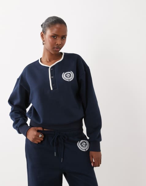 Good American brushed fleece long sleeve henley top in navy (part of a set) - view 1