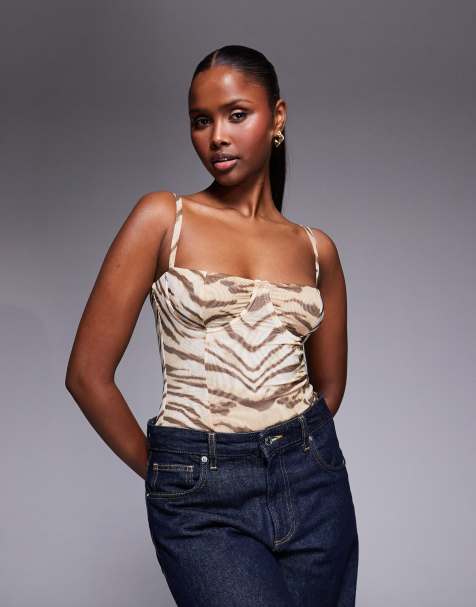 Good American – Bustier-Body aus Netzstoff in Braun mit Tigermuster - view 1