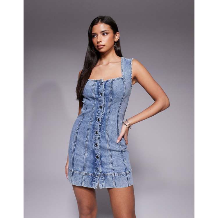 denim button up bodycon dress Dark Wash Button Front Denim Mini Dress