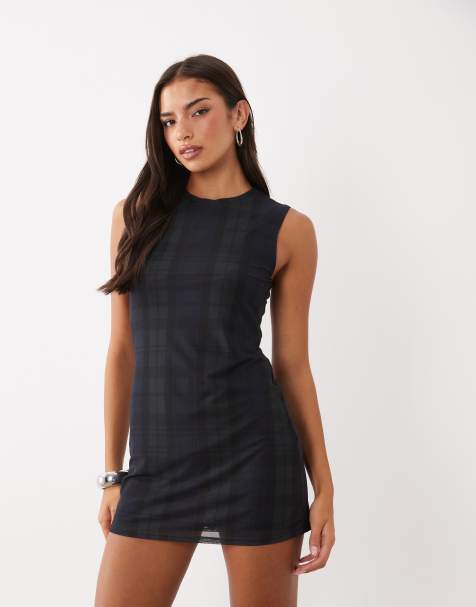 Good American cami mesh mini dress co-ord in tartan blue and green - view 1