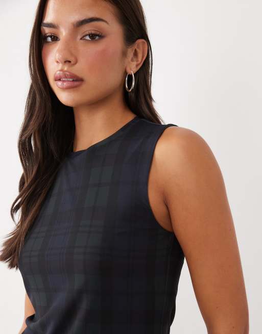 Good American cami mesh mini dress set in tartan blue and green, 3 of 4