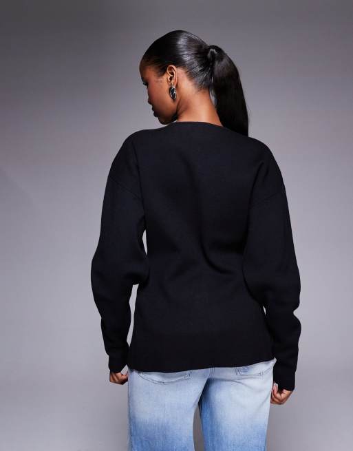 Good American compact knit cinched waist ovoid sleeve longline cardigan in black, 2 of 4