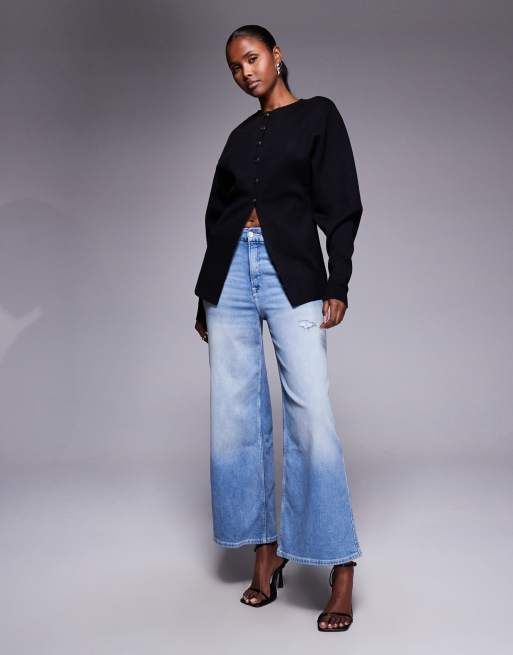 Good American compact knit cinched waist ovoid sleeve longline cardigan in black, 4 of 4