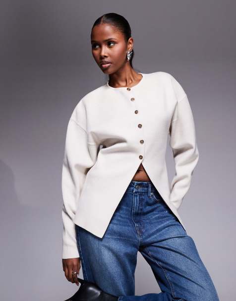 Good American compact knit cinched waist ovoid sleeve longline cardigan in cream - view 1