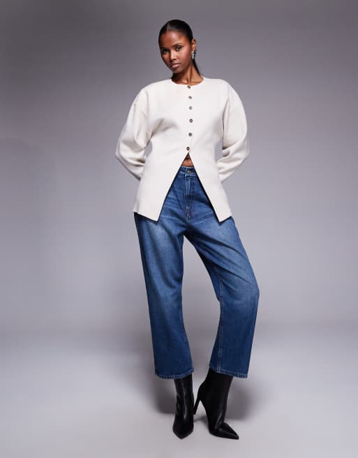 Good American compact knit cinched waist ovoid sleeve longline cardigan in cream, 4 of 4