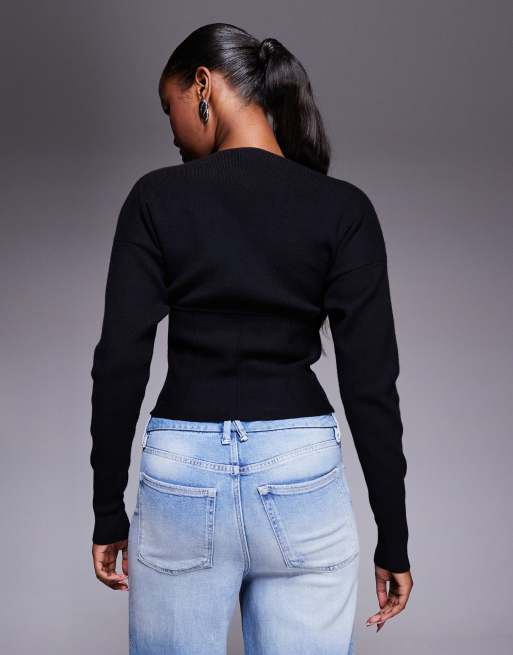 Good American compact knit corset zip front top in black, 2 of 4
