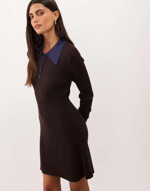 good american knit dress contrast collar detail polo mini in chocolate brown Valentine Day Sale