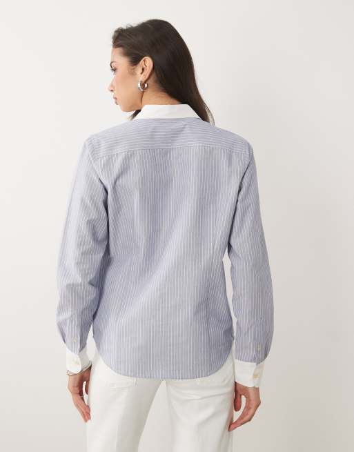 Good American contrast collar oxford shirt in blue stripe, 2 of 4