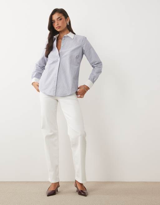 Good American contrast collar oxford shirt in blue stripe, 3 of 4
