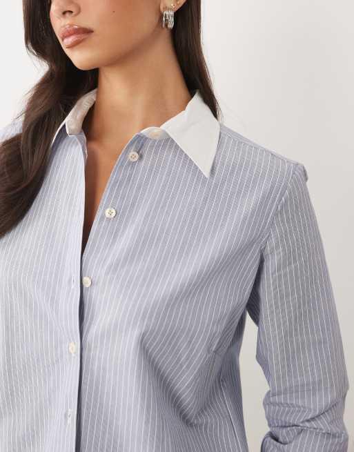 Good American contrast collar oxford shirt in blue stripe, 4 of 4