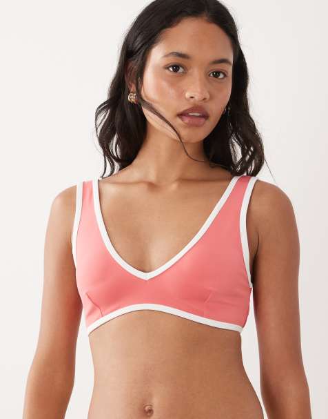 Good American contrast detail deep v bikini top co-ord in coral pink - view 1