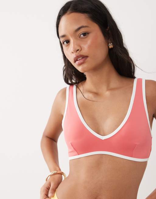 Good American contrast detail deep v bikini top co-ord in coral pink, 3 of 4