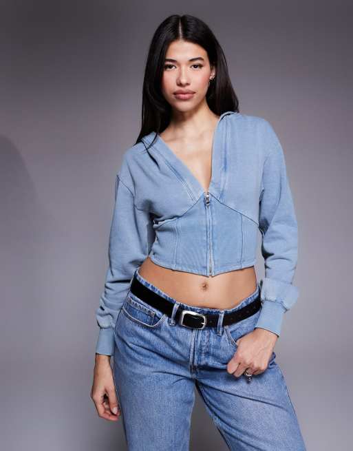 Good American cotton cropped corset detail hoodie in light blue wash