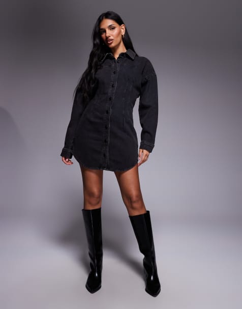 Good American cotton denim cinched waist curve hem shirt dress in black - view 1