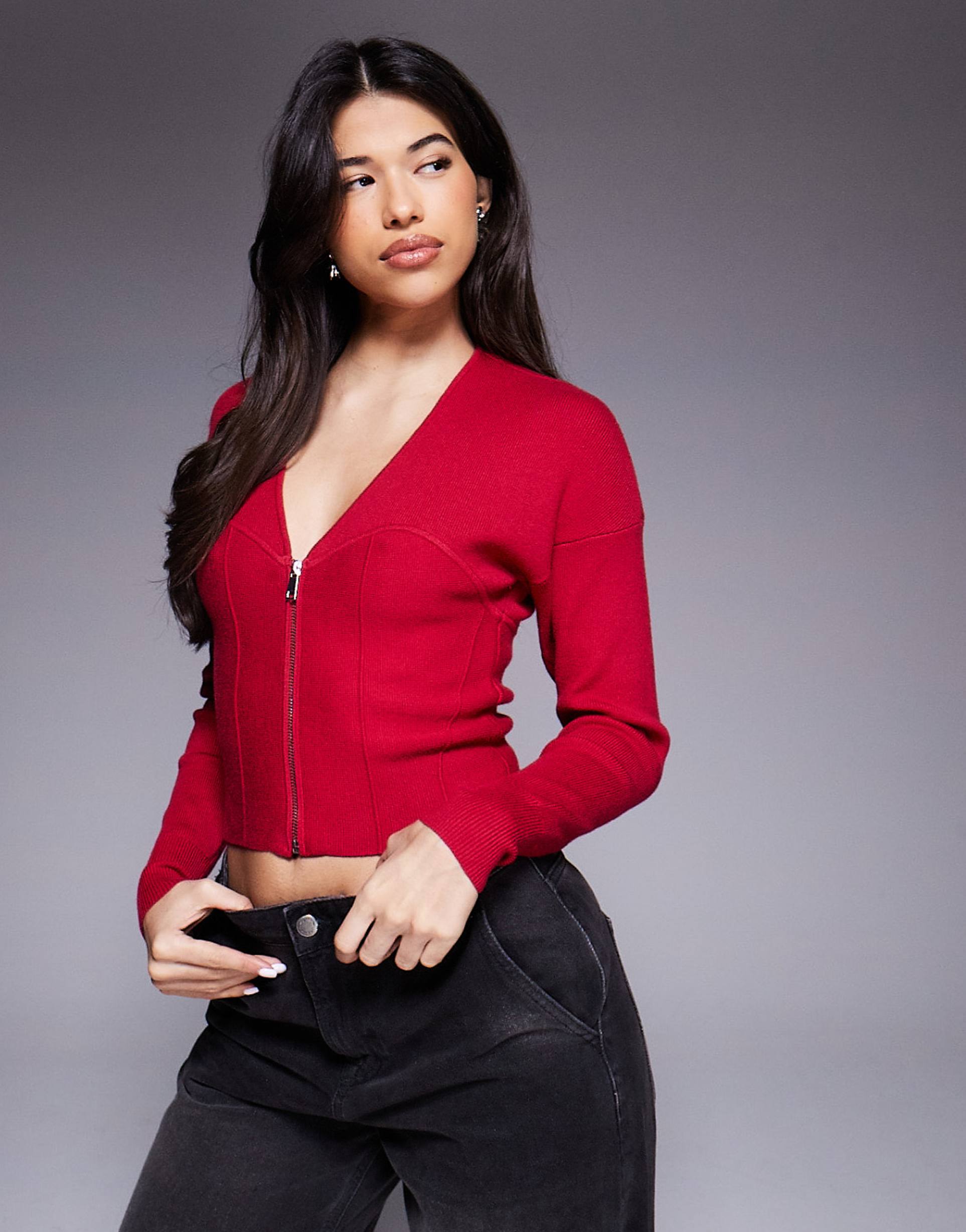 good american cotton knit v neck zip front cardigan in ruby red