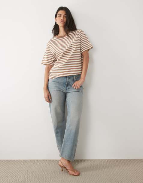 Good American cotton oversized crew neck t-shirt in light taupe stripe 