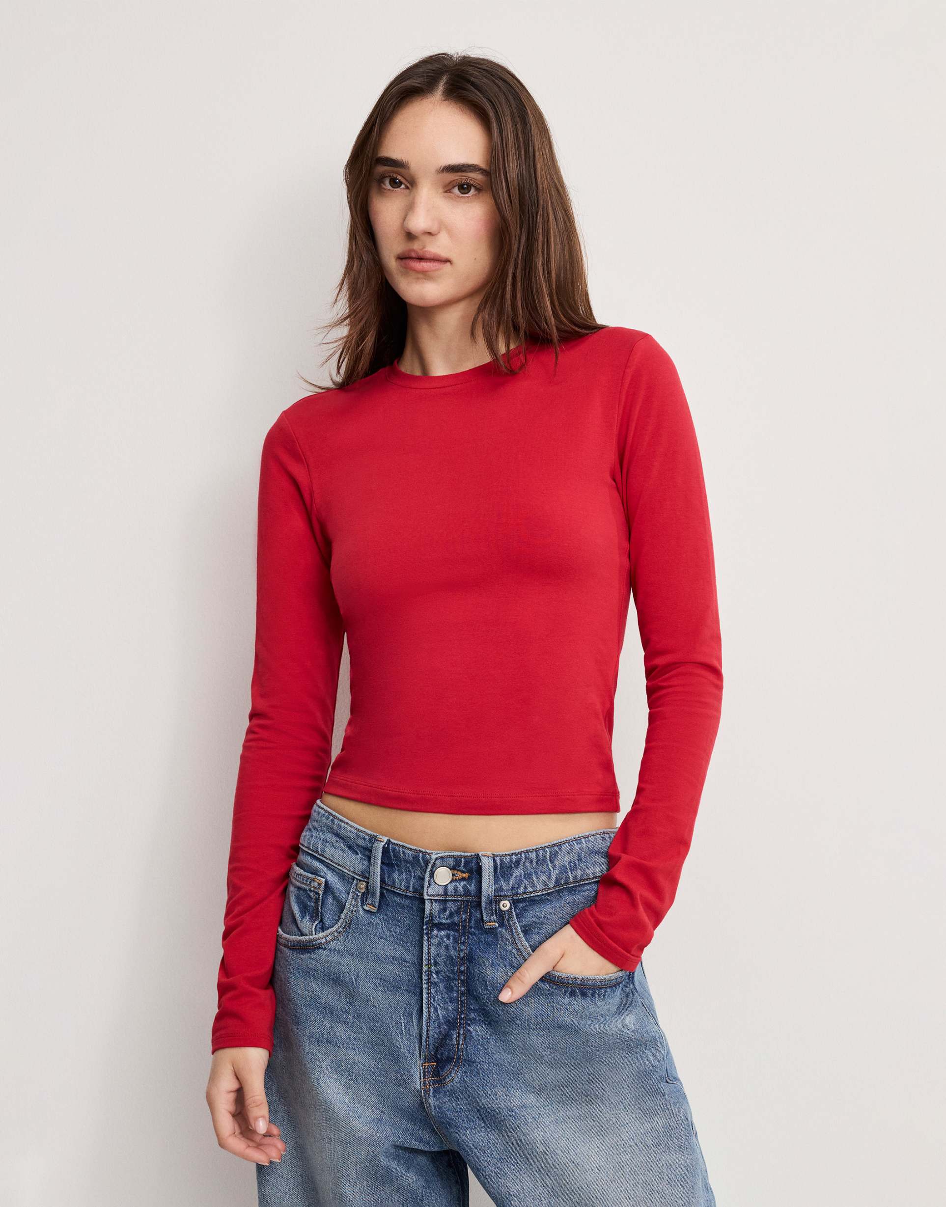 good american cotton rich crew neck long sleeve top in red