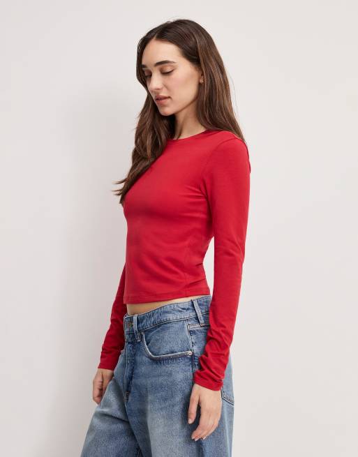 Good American cotton rich crew neck long sleeve top in red, 3 of 4