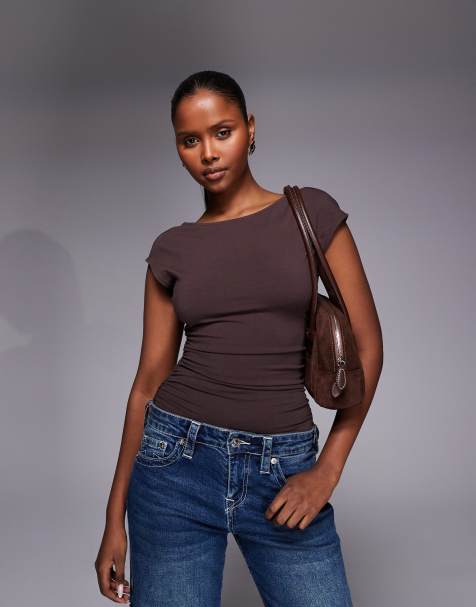 Good American cotton rich sculpting wide neck low back body in brown - view 1