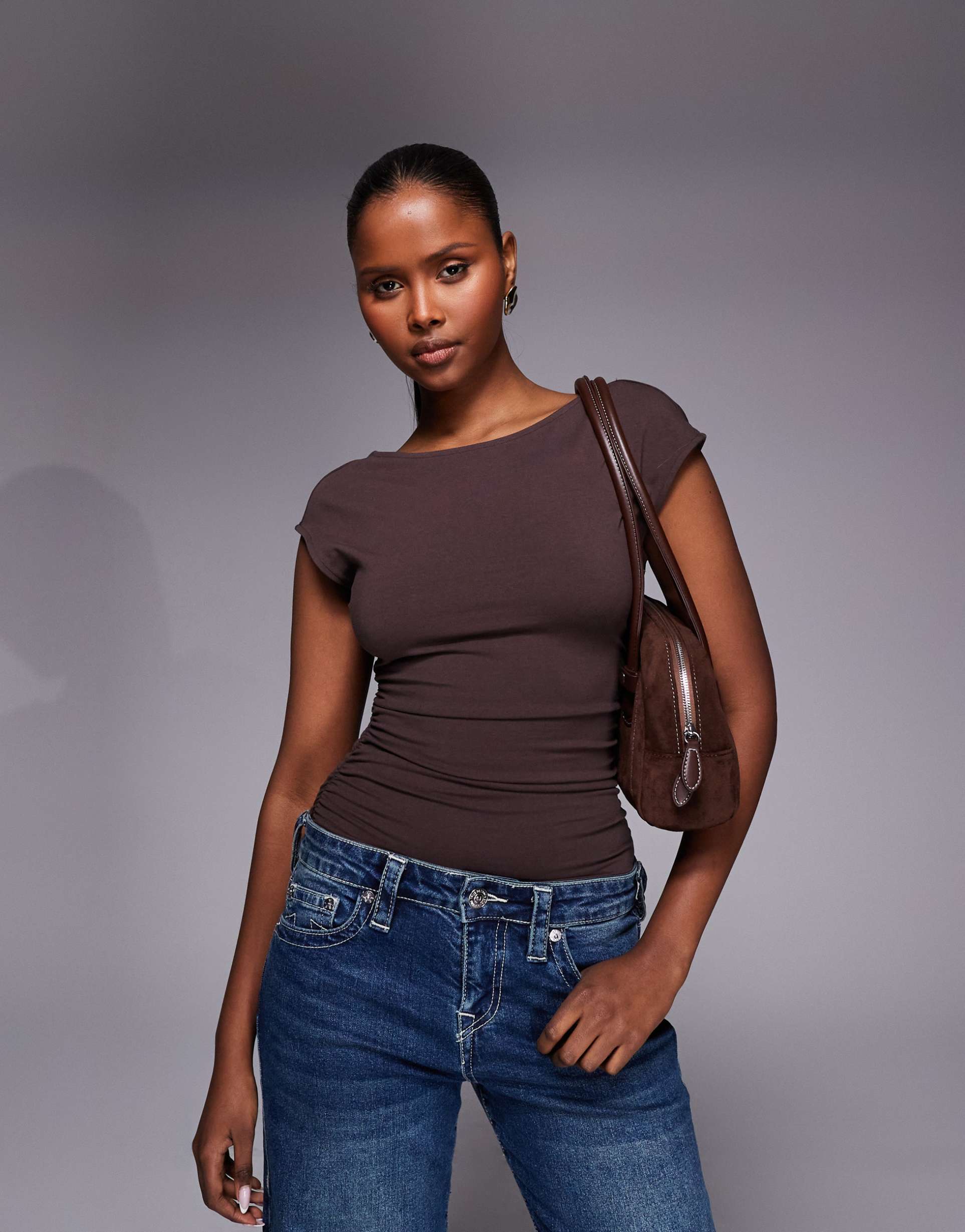 good american cotton rich sculpting wide neck low back bodysuit in brown
