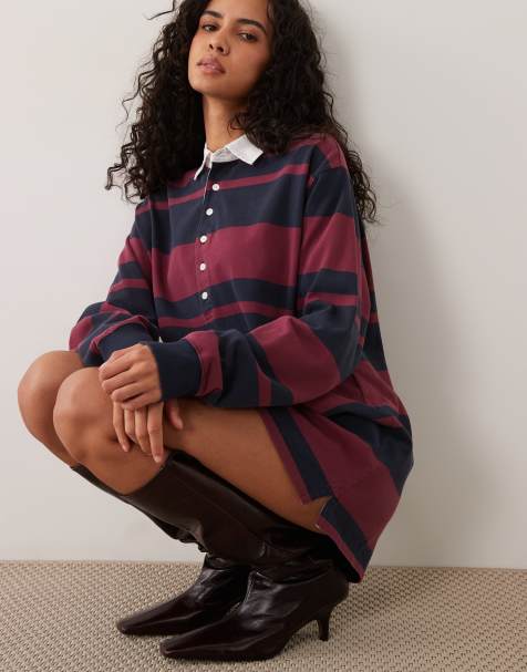 Good American cotton rugby polo mini dress in stripe navy and berry - view 1