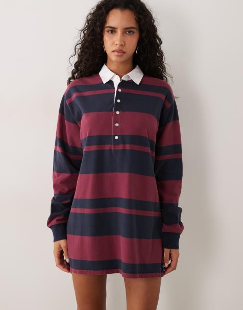 Good American cotton rugby polo mini dress in striped navy and berry - view 1