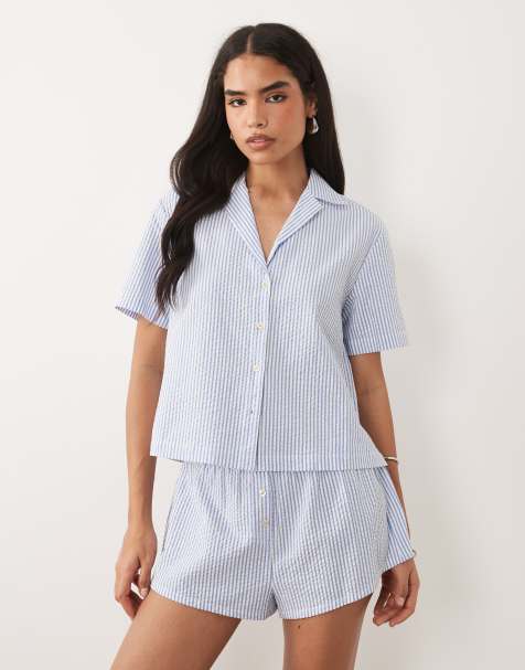 ASOS Good American cotton seersucker collar boxy fit shirt in blue striped print - part of a set