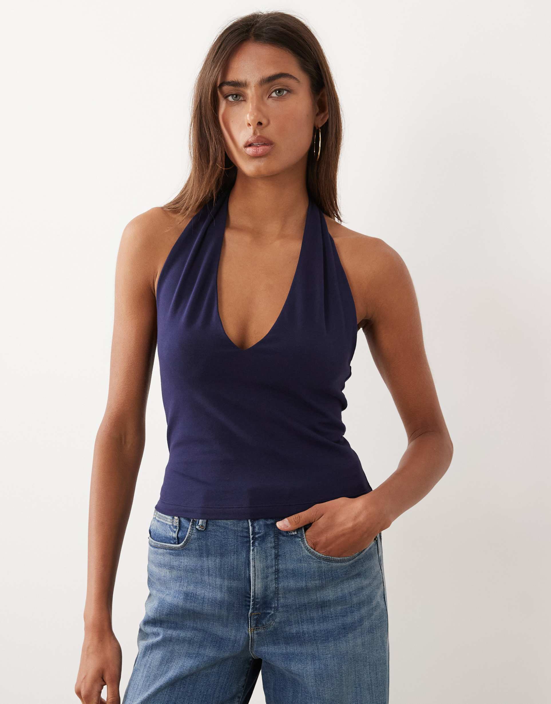 good american cotton super stretch halter neck tank top in navy